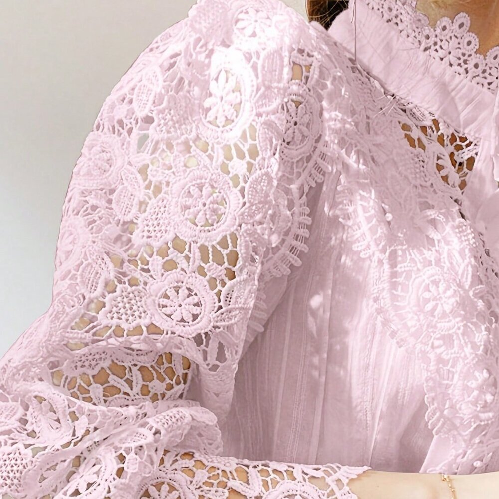 Pink Elegant Women's Mock Neck Victorian Lace Puff Sleeve Shirt Blouse - Picture 3 of 3